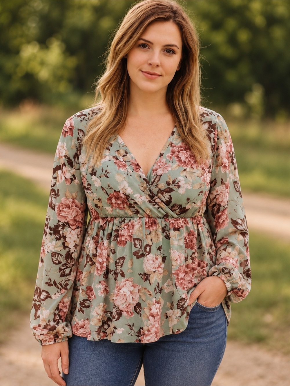 Ophelia Roe Floral Crossover Peplum Blouse Women’s XL Sage Pink